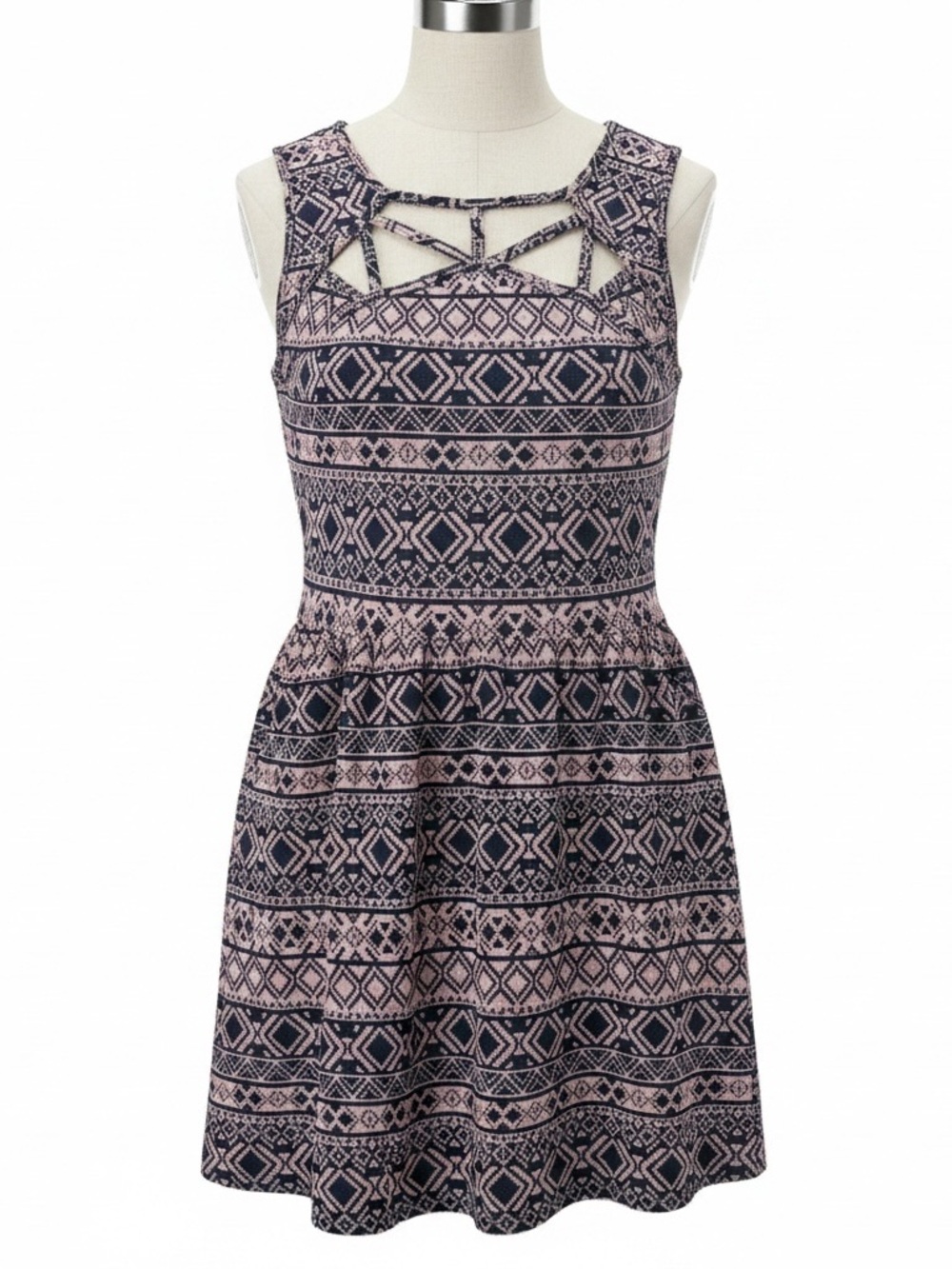 Mimi Chica Pink and Navy Geometric Cutout Skater Dress - Size M